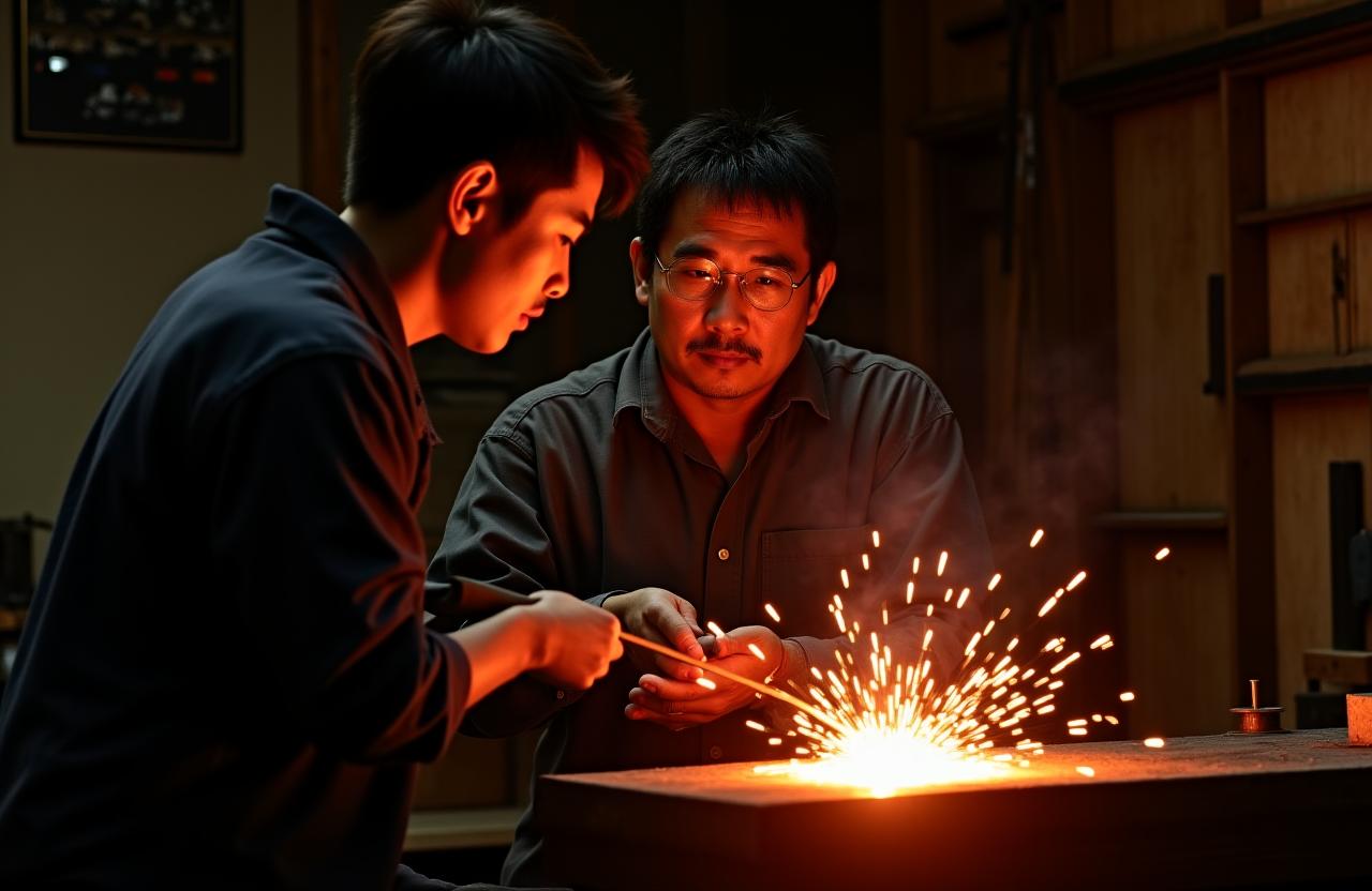 暗い工房で火花を散らしながら熱いゴルフクラブを鍛える熟練職人