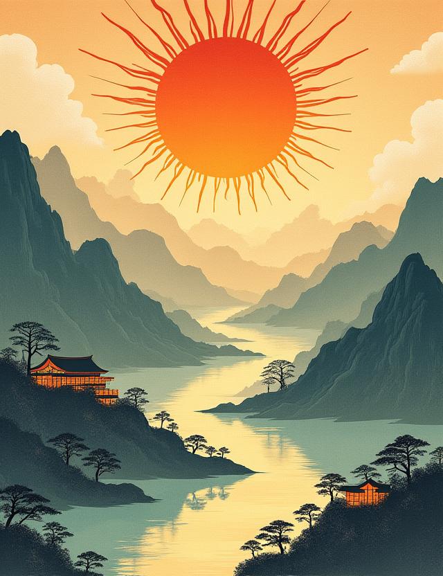 古代の巻物絵画を思わせる、日本の伝統的な風景に輝く太陽のモチーフを描いた芸術的な表現。