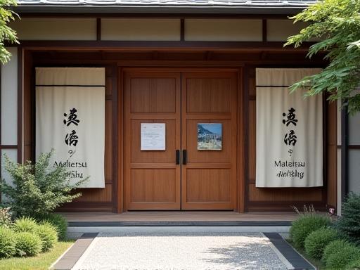 天照工房の入り口を写した趣のある外観写真。会社ロゴ入りの伝統的な暖簾が見える。