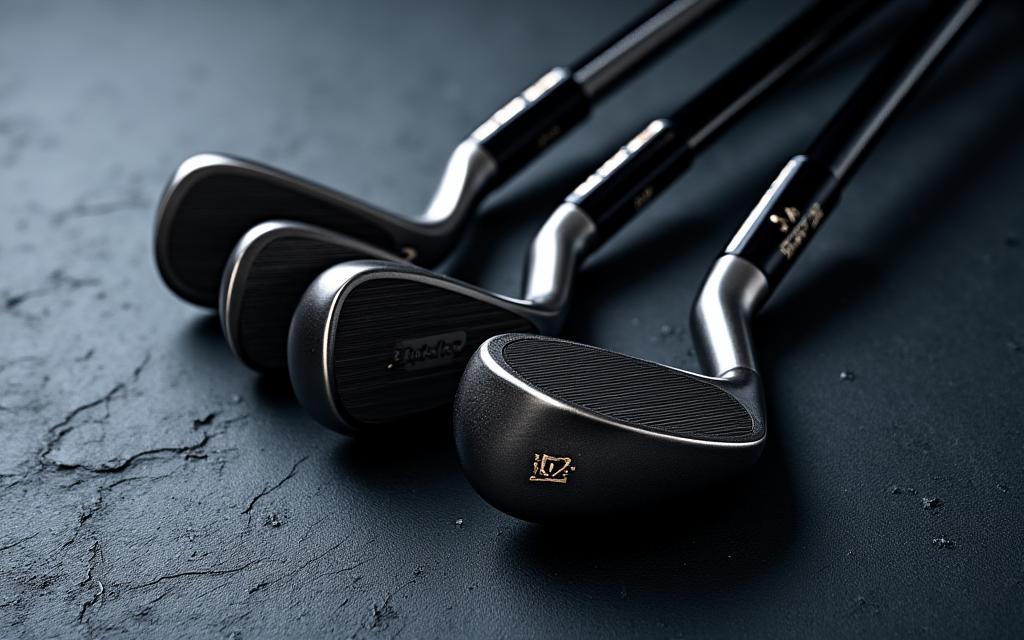 暗いスレートの背景に美しく配置された4つの鍛造アイアンのセット。