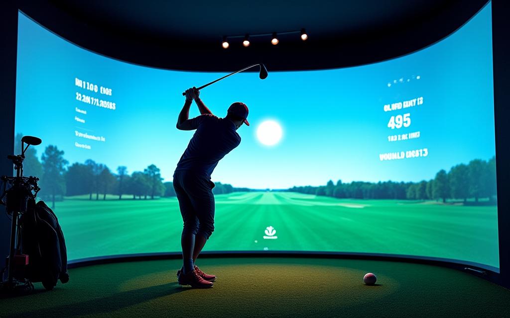 大型スクリーンにデータが表示された弾道測定スタジオでクラブを振る顧客の写真。