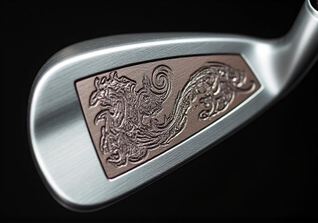 アイアンの裏面にある龍や家紋などのカスタム彫刻を接写した詳細写真。