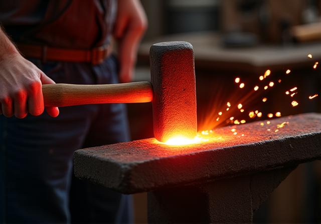 金床の上で真っ赤に熱した鋼を叩く熟練職人。