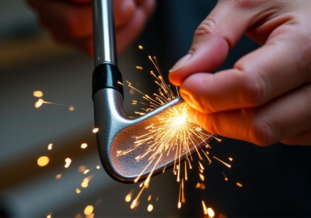 細かい火花を散らしながらゴルフクラブのヘッドを慎重に研磨する職人の手。